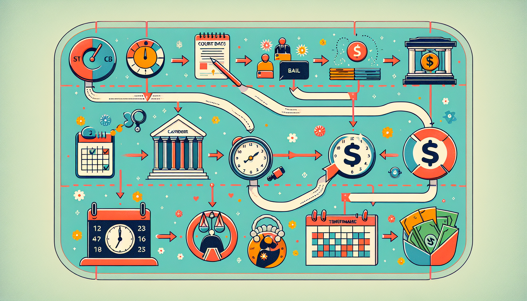 A timeline illustration showing the process for getting bail money back.