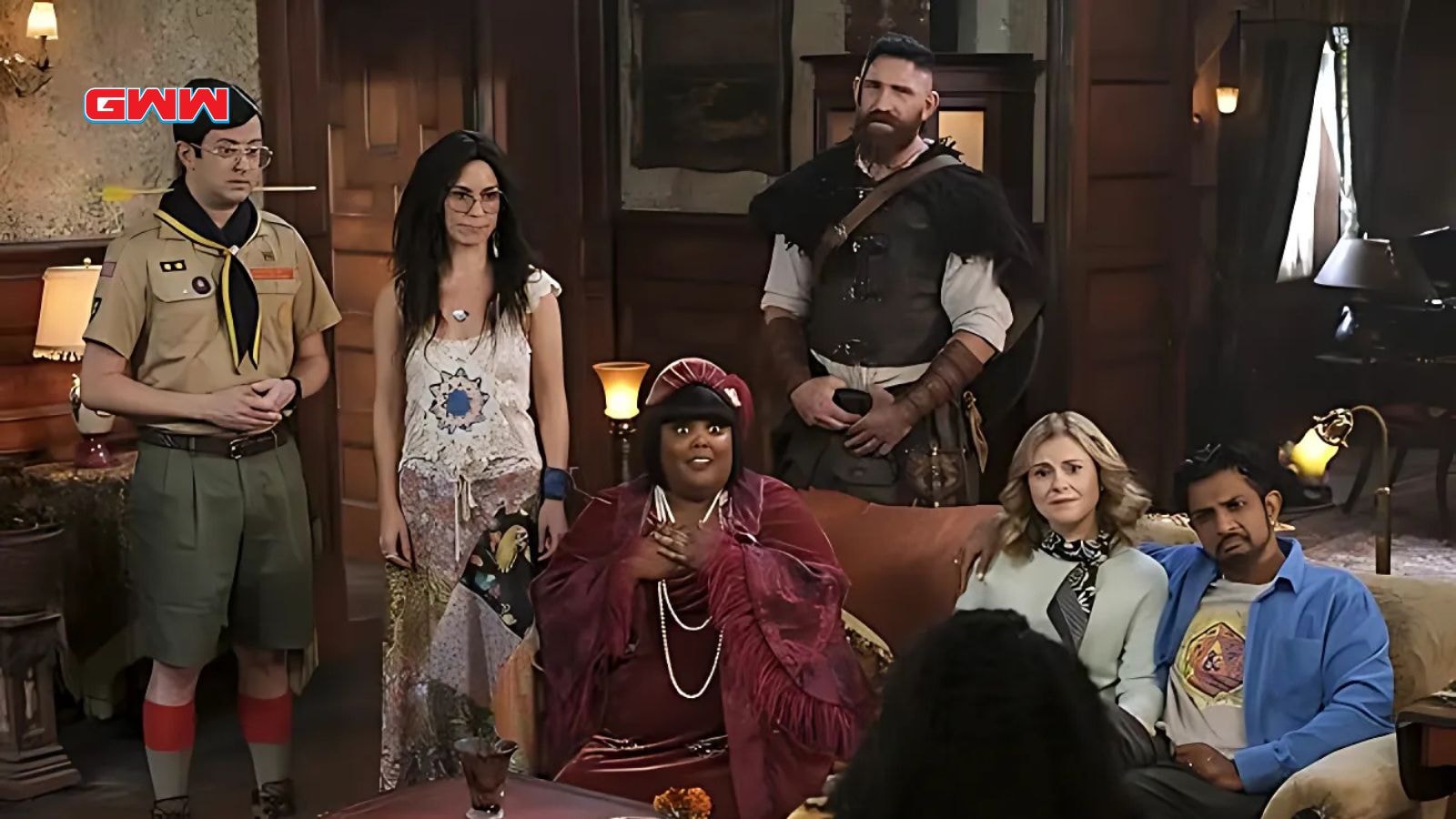 Bertrand Calmeau, Rose McIver, Utkarsh Ambudkar, Richie Moriarty, Rodrigo Fernandez-Stoll, Sheila Carrasco, Devan Chandler Long, Danielle Pinnock, and Ashley D. Kelley in Ghosts