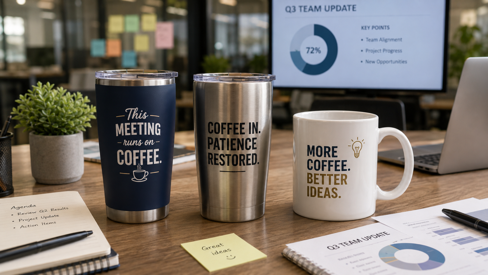 Office mugs and tumblers with coffee quotes for team meetings