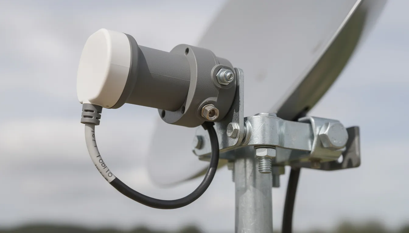 The image shows a close-up view of a satellite dish's LNB (Low Noise Block) and its mounting hardware, highlighting the components essential for professional DSTV installation services. This detailed perspective emphasizes the importance of quality installation and repair services for optimal signal reception.
