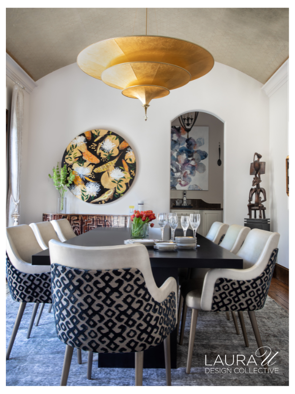 The dining room at Circle Drive might have beautiful walls, but the inspired metallic ceiling is what really shines. We also love the specialty wallcovering company's faux grasscloth designs.