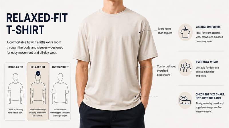 Relaxed-fit T-shirt compared with regular and oversized fits for casual and branded apparel