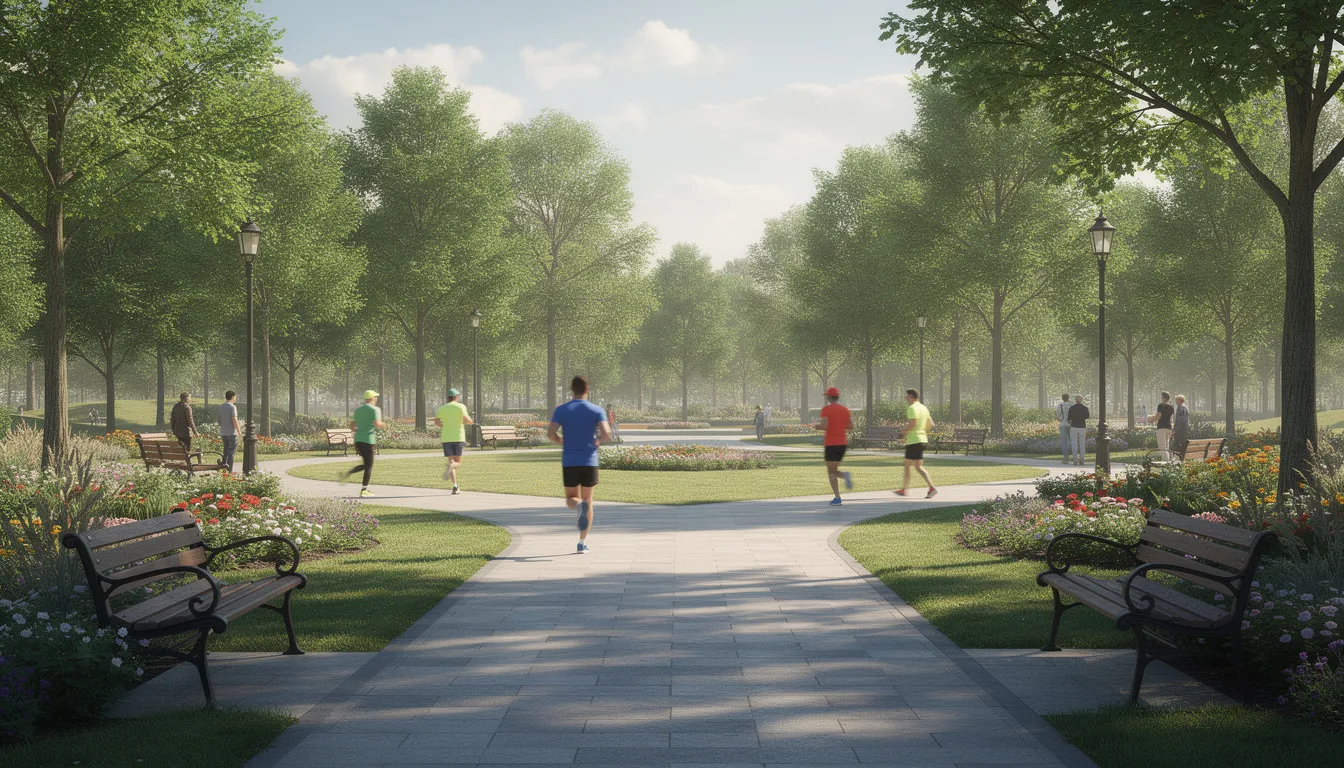 W zielonym parku w Warszawie Żoliborzu widać alejki spacerowe, po których przechadzają się ludzie, a także osoby uprawiające jogging. Otoczenie jest pełne drzew i roślinności, co tworzy przyjemną atmosferę w prestiżowej dzielnicy stolicy.