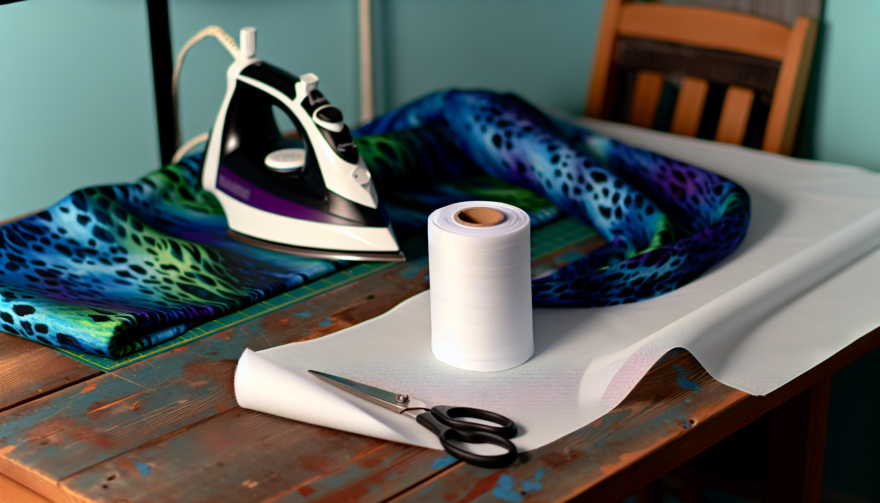 Roll of interfacing and iron next to fabric and invisible zipper