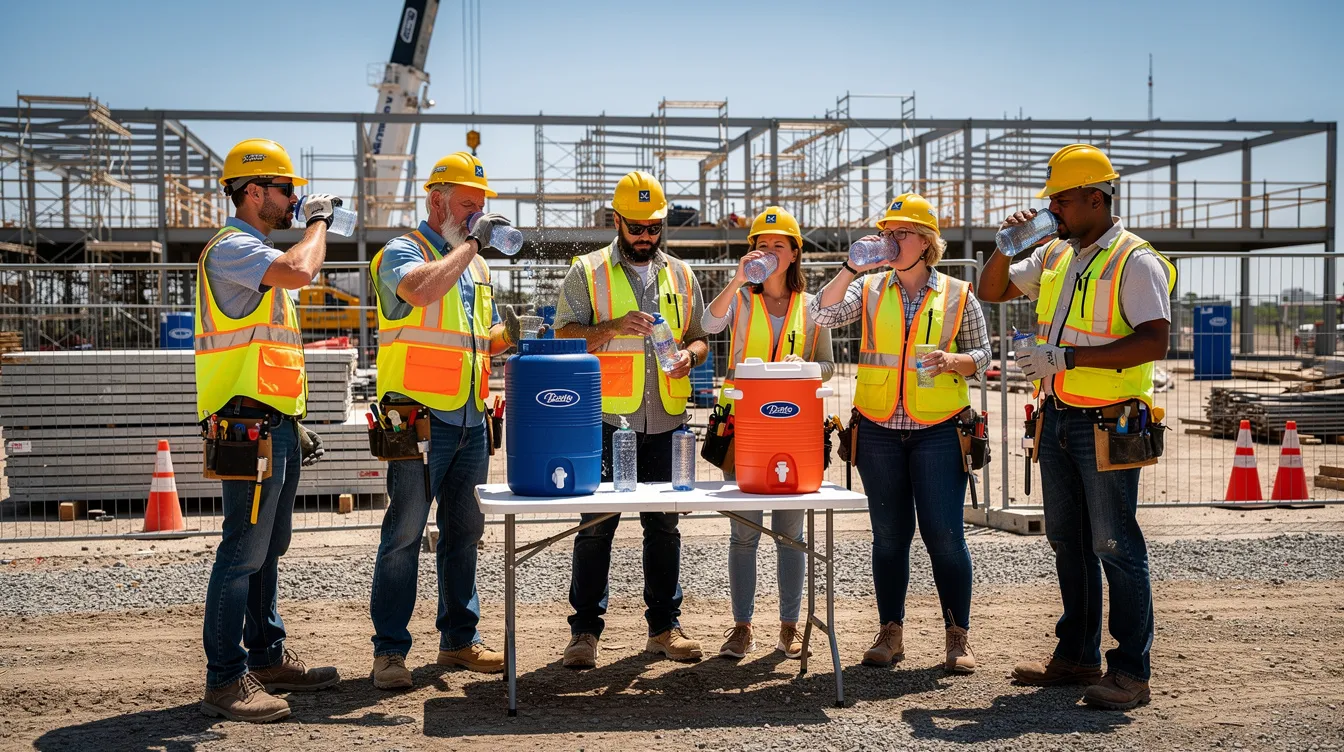 A group of construction workers wearing hard hats and high visibility vests are hydrating at a water station on a sunny outdoor commercial jobsite, emphasizing the importance of safety and hydration in the construction industry. This scene highlights the critical need for workers to manage heat illness prevention during construction projects.