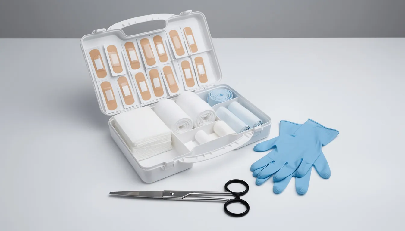An open first aid kit is displayed on a clean surface, showcasing organized medical supplies including bandages, gauze rolls, scissors, and gloves, ready for emergency situations or outdoor adventures. The compact kit emphasizes safety and preparedness for injuries, making it an essential item for camping or hiking trips.