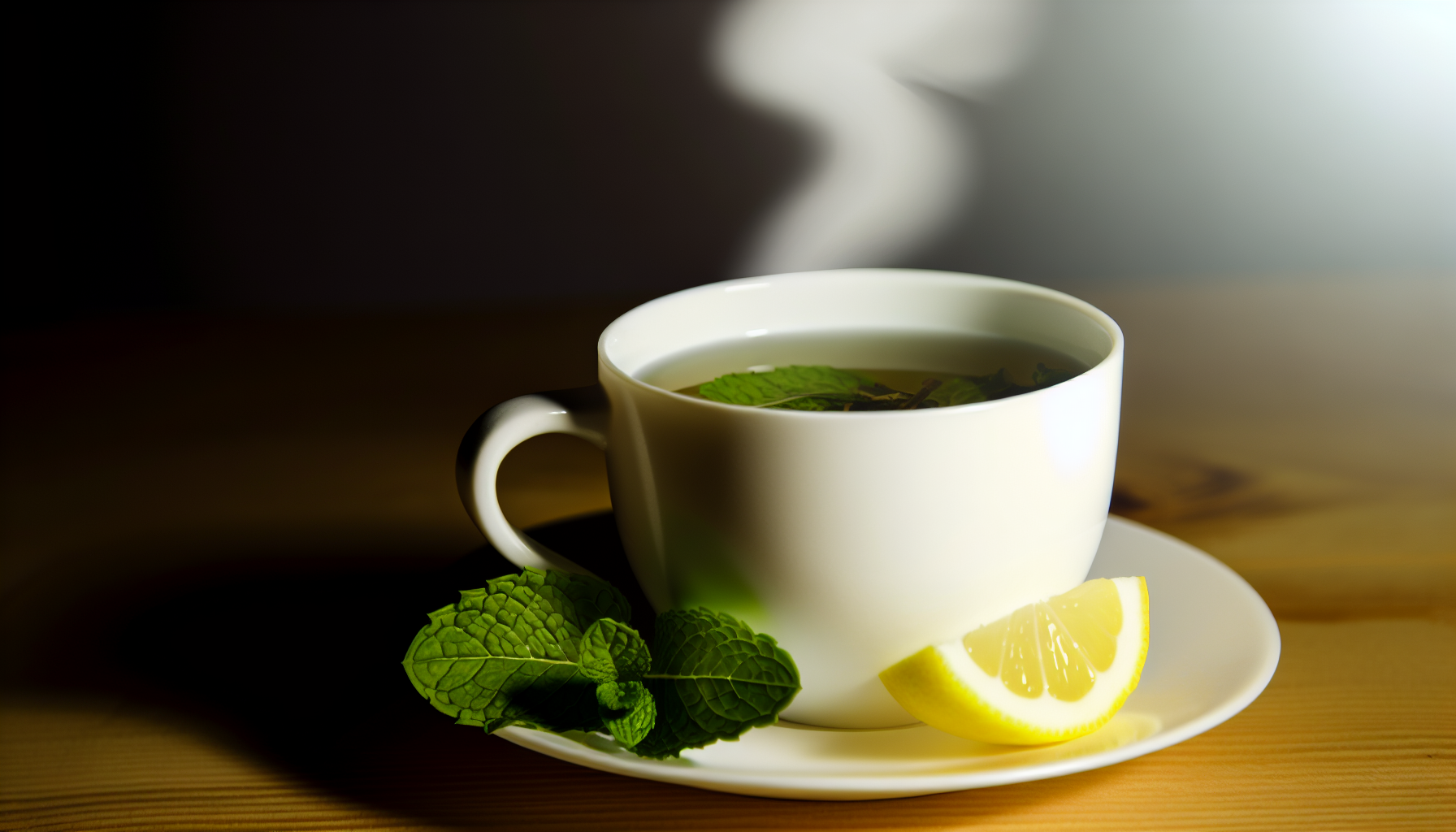 A cup of refreshing peppermint tea with loose leaf peppermint and a slice of lemon