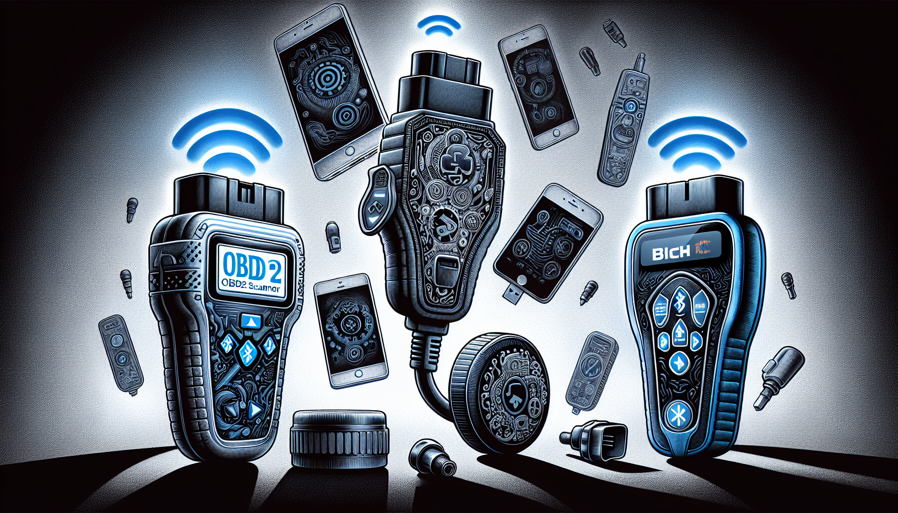 Illustration of Nexpow OBD2 Scanner, Fixd OBD2 Professional Bluetooth Scan Tool, and BlueDriver Bluetooth Pro