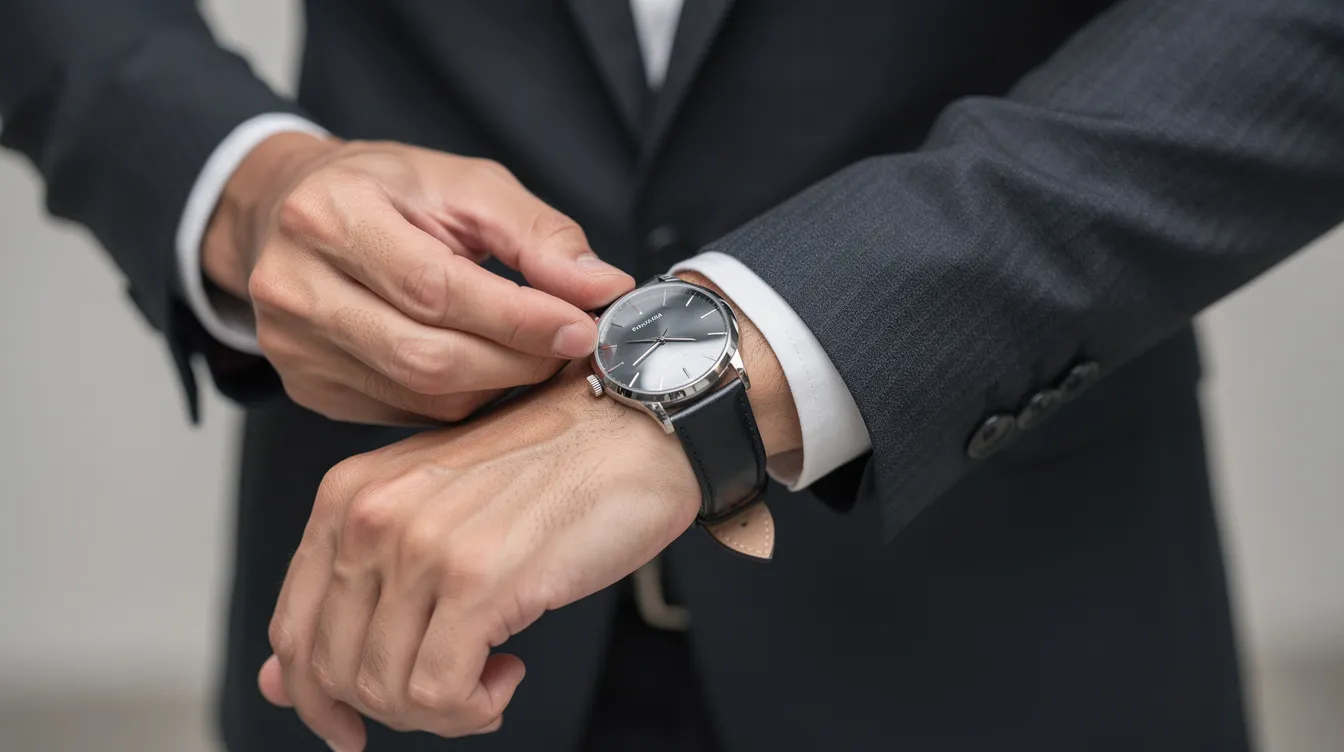 A person in a dark suit jacket is adjusting a dress watch on their wrist, showcasing its elegant white dial with applied Roman numerals and a luxurious leather strap. This amazing watch, possibly from the Orient Bambino collection, highlights the timeless design and craftsmanship that watch enthusiasts admire.