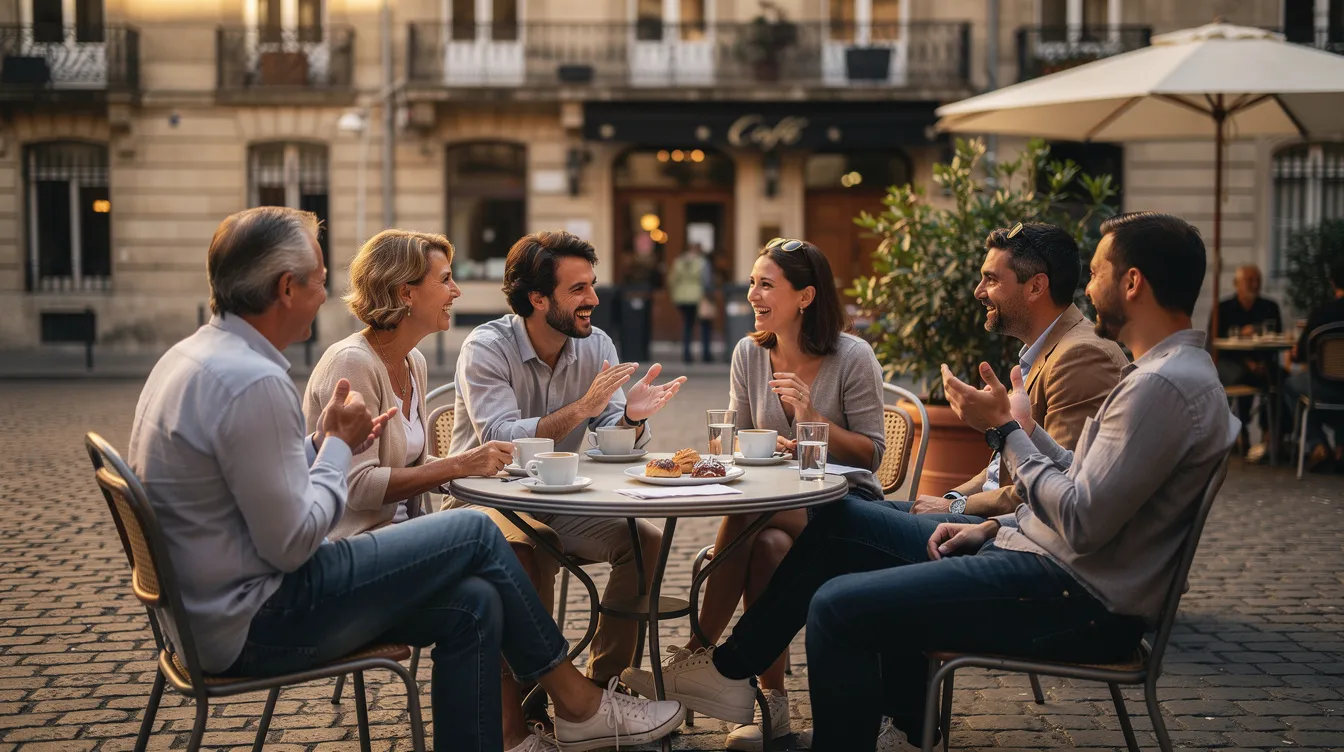 A diverse group of people, including Pakistanis and locals, enjoy coffee together at an outdoor cafe in a European city, reflecting the vibrant community life and cultural integration in Romania. The scene captures friends and families engaging in conversation, highlighting the social connections among foreigners and locals in this region.