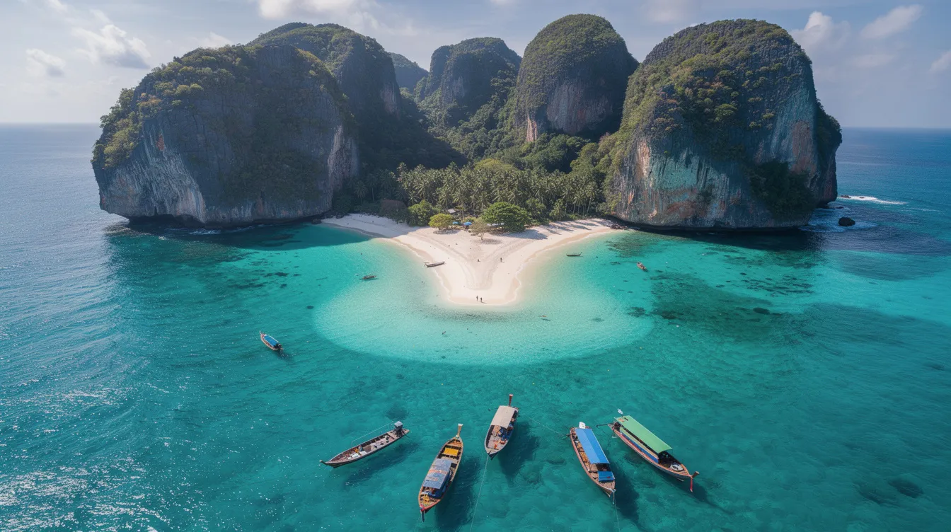 A imagem mostra uma vista aérea da ilha Phi Phi Don, na Tailândia, destacando suas praias de areia branca e águas cristalinas, cercadas por imponentes paredões de rocha. O cenário exuberante revela a beleza natural do destino, que é um dos mais procurados por turistas em busca de paz e aventuras nas ilhas tailandesas.