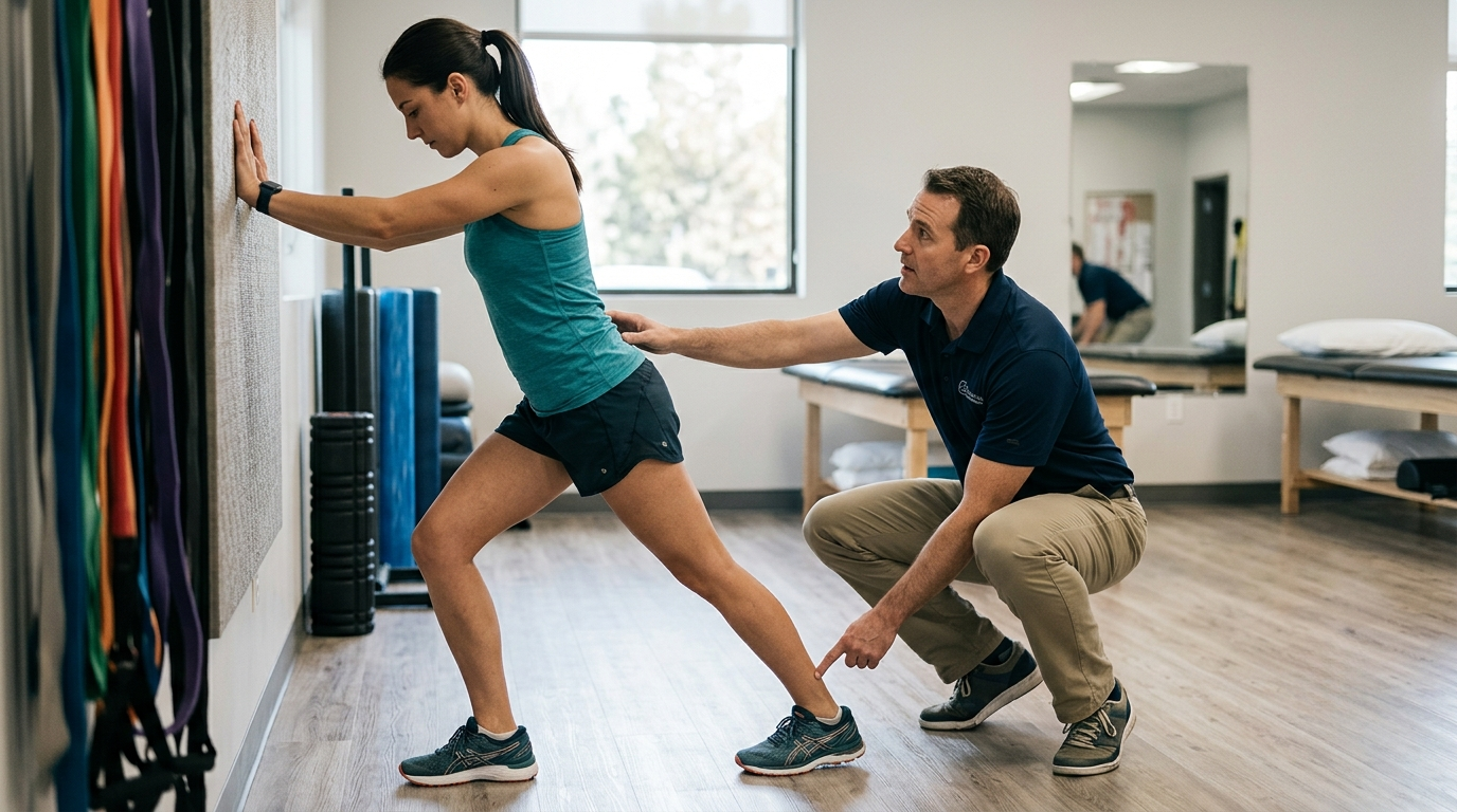 Physical therapist guiding a female patient through a wall calf stretch in a clinic