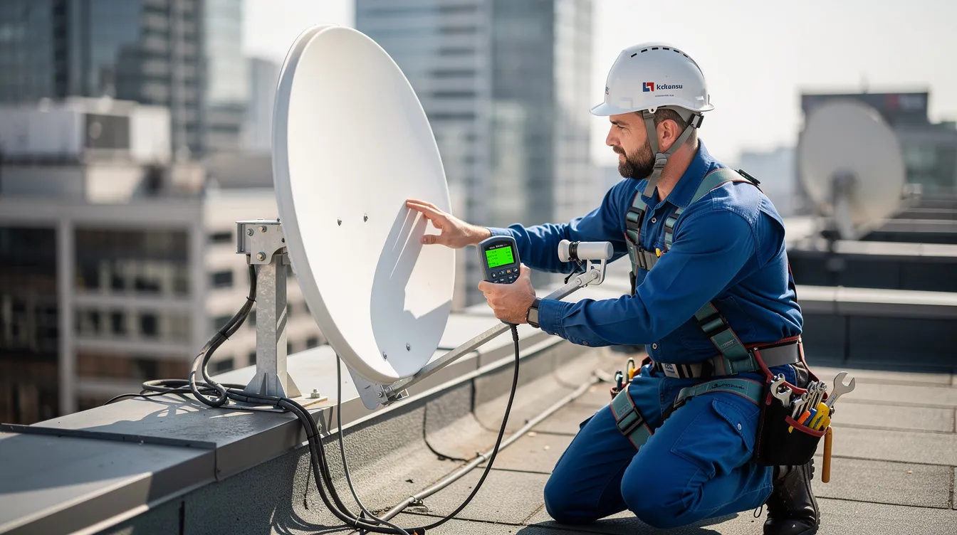 A professional technician is adjusting a satellite dish on a rooftop using a signal meter, ensuring optimal reception for DSTV services. This image highlights the expertise of accredited DSTV installers in George, focused on solving signal problems and providing quality installations.