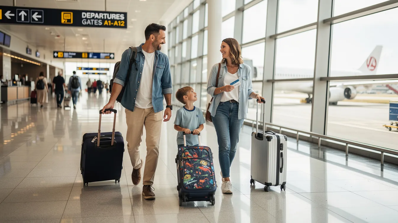 A family is walking through an airport terminal, each member carrying luggage as they navigate the busy space, likely preparing for a flight to the UK or another destination. They may need to consider their legal status and ensure they have the necessary documents, such as passports or visas, for their journey.