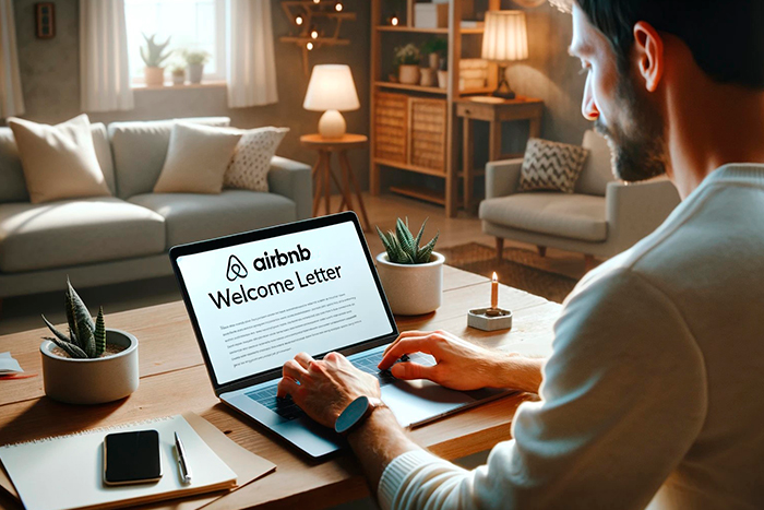 An Airbnb host is creating a welcome letter for his guests