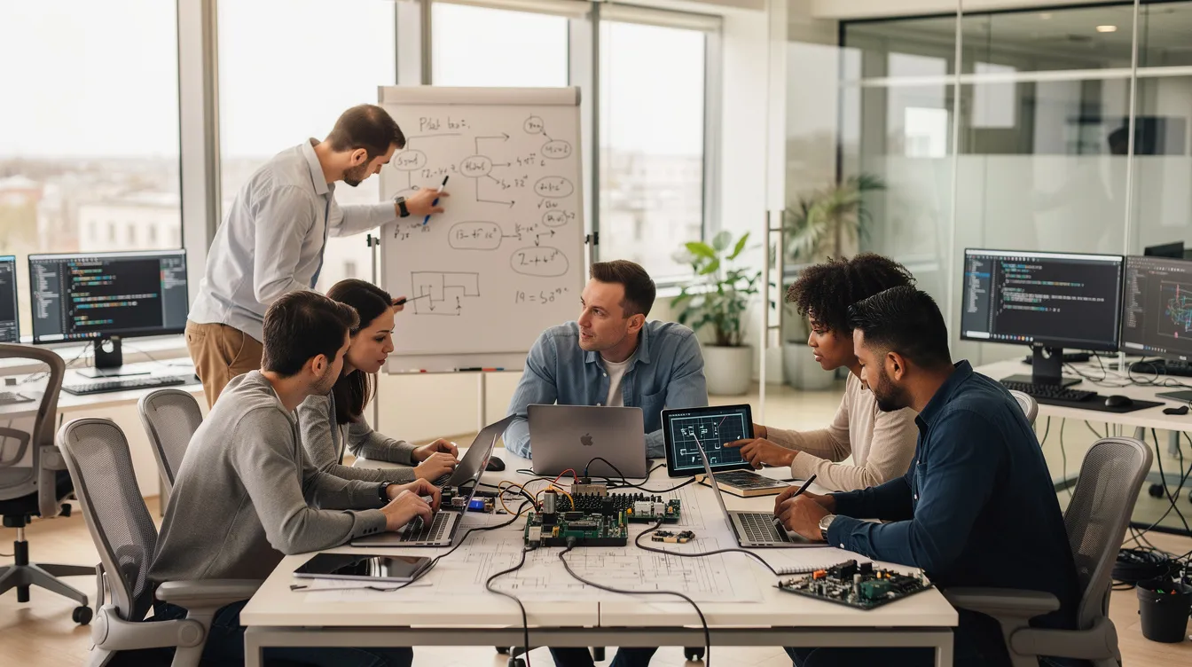 An engineering team collaborates on a technical project in a modern office, surrounded by computers and technical drawings. They discuss innovative activities related to research and development, potentially exploring eligible activities for claiming tax credits to enhance their company’s cash flow and tax savings.