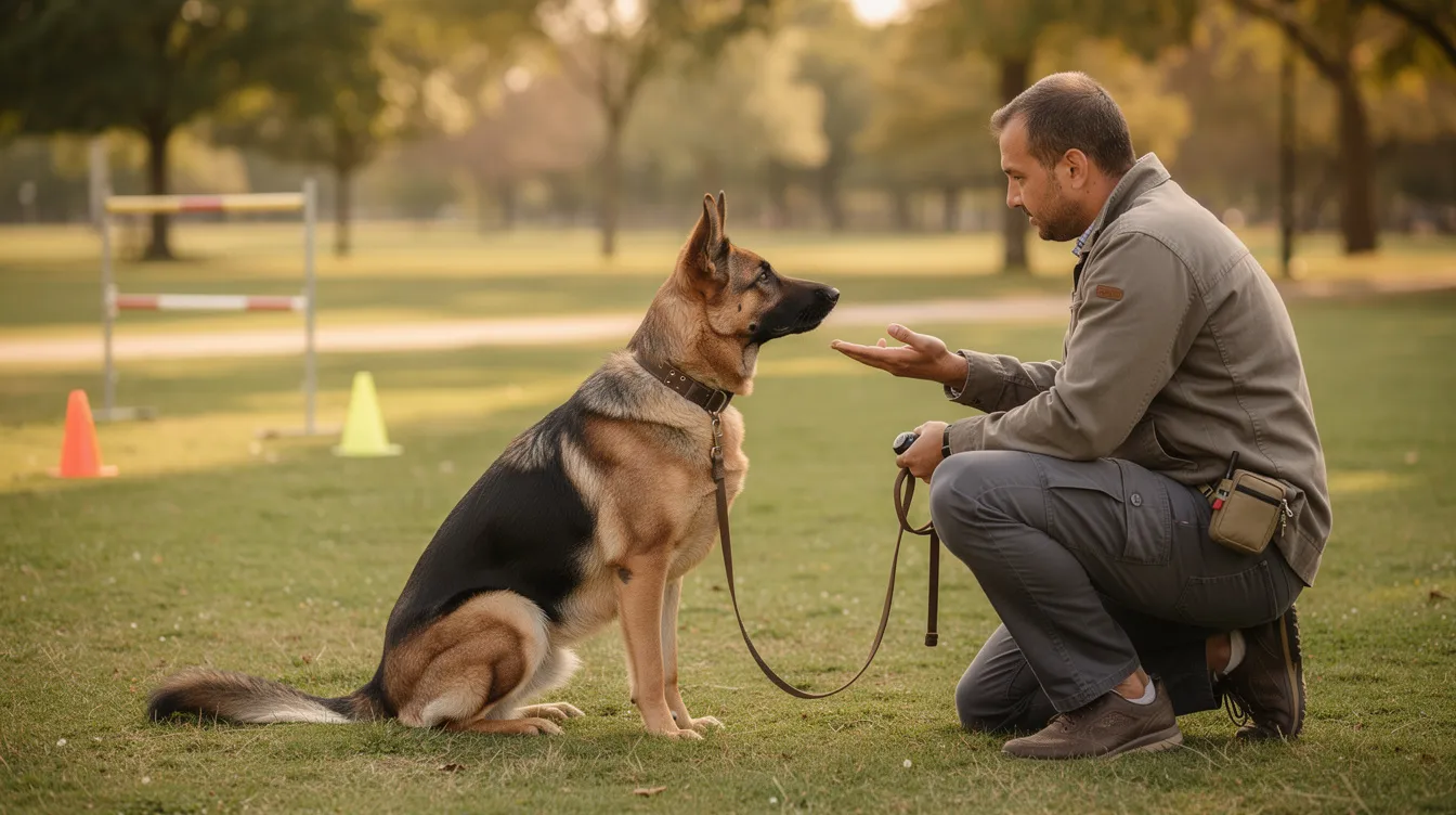 The image depicts a German Shepherd puppy attentively engaged in a training session with a professional dog trainer, showcasing the importance of obedience training and proper socialization for this intelligent breed. The scene highlights the bond between the trainer and the puppy, emphasizing the foundations of training German Shepherds for a well-behaved and loyal companion.