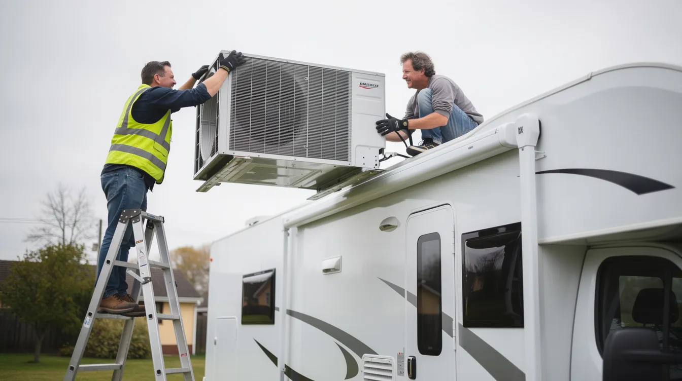 Two people are carefully lifting a large rectangular RV air conditioner unit onto the roof of an RV, preparing it for installation. The scene captures the teamwork involved in ensuring the unit is securely placed for optimal cooling performance during warmer climates.