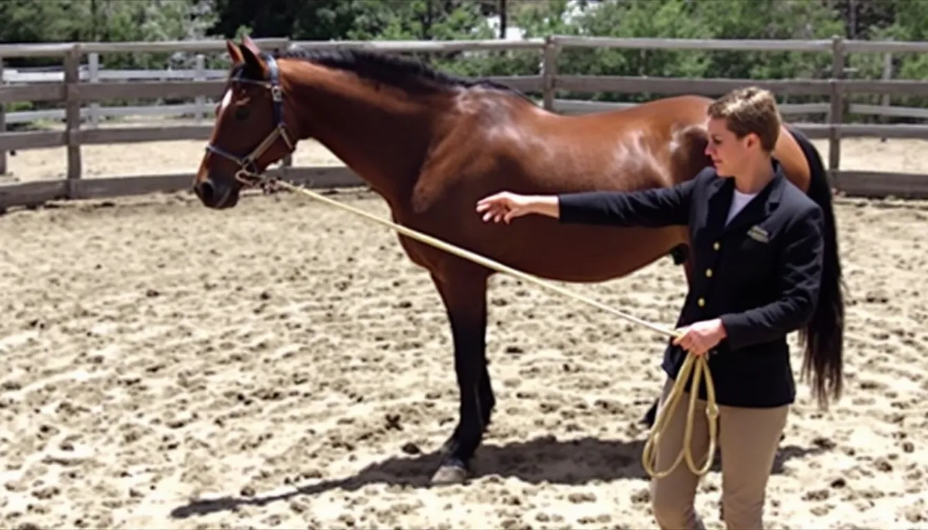 In der Abbildung zeigt ein Longenführer die korrekte Dreiecksposition während der Longenarbeit mit einem Pferd, das an der Longe läuft. Die Position umfasst die Longe, die Longierpeitsche und eine präzise Körperhaltung des Menschen, die für die Ausbildung und das Training des Pferdes entscheidend ist.