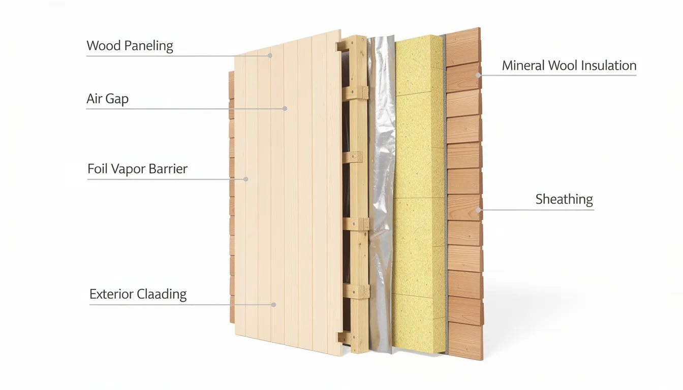 This cross-section illustration of a sauna wall assembly showcases various layers essential for proper insulation, including wood paneling, an air gap, a foil vapor barrier, and mineral wool insulation, all designed to protect against moisture and heat loss. The image highlights the importance of these insulation materials in maintaining high temperatures and optimal sauna performance.