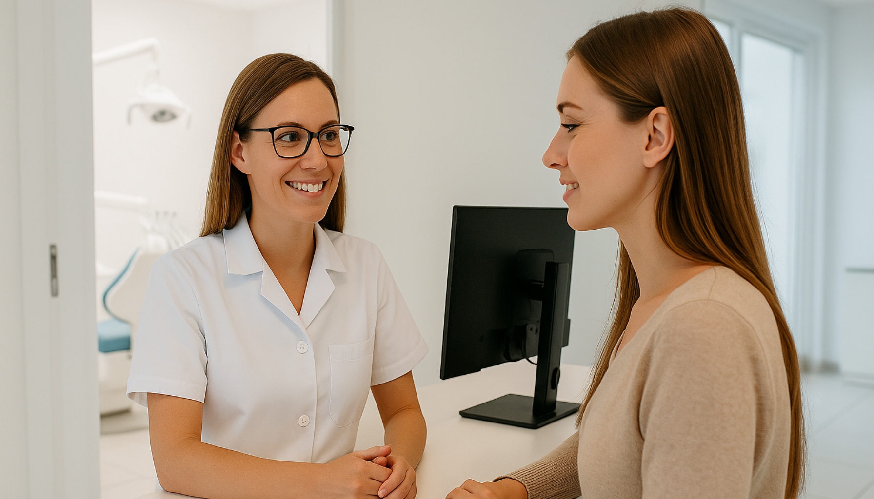 Kvinne i resepsjonen på moderne tannklinikk snakker med smilende tannlege i hvit frakk i lyse, rene og trygge omgivelser.