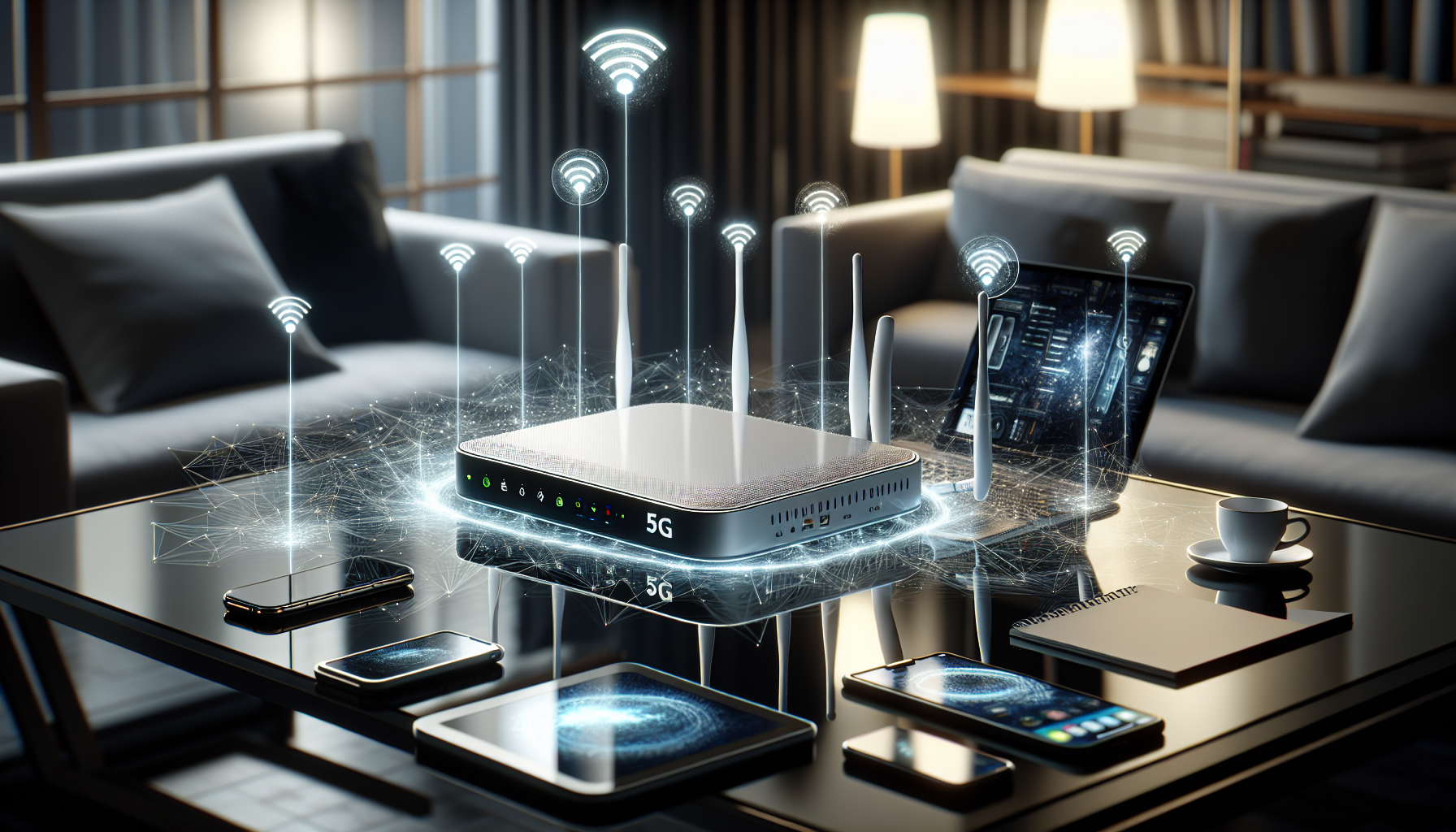 A compact 5G router with multiple devices connected