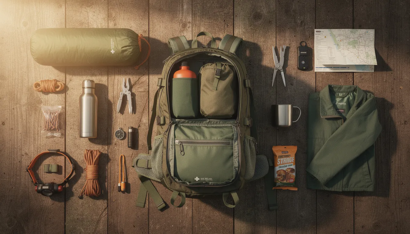 An open hiking backpack sits on a wooden surface, displaying neatly organized gear such as a sleeping bag, first aid kit, and extra water, perfect for a solo backpacking trip. The arrangement suggests preparation for an outdoor adventure, emphasizing the importance of having the right gear for hiking alone.
