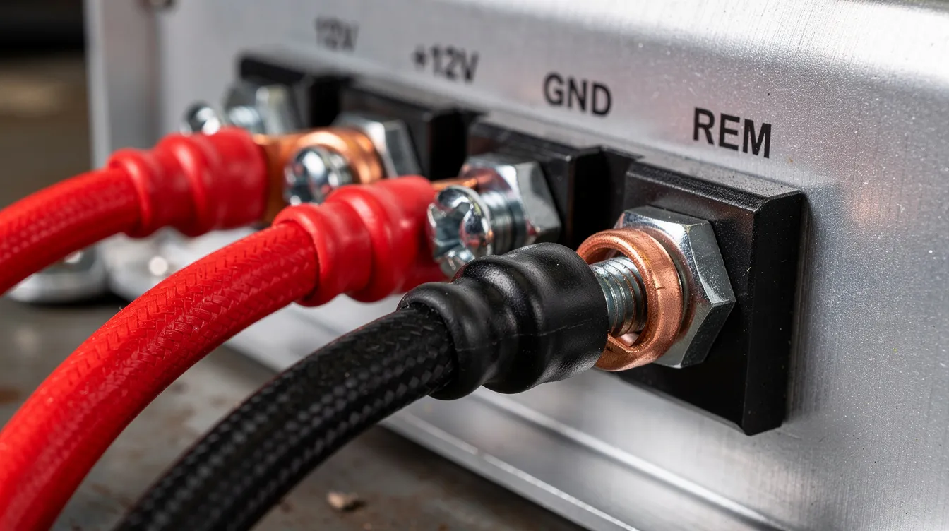This close-up image shows the power and ground terminals of an amplifier, highlighting the automotive wiring connections, including power wires, ground wires, and speaker wires. The setup is essential for car audio systems, ensuring proper voltage and connections to prevent the amplifier from going into protection mode.