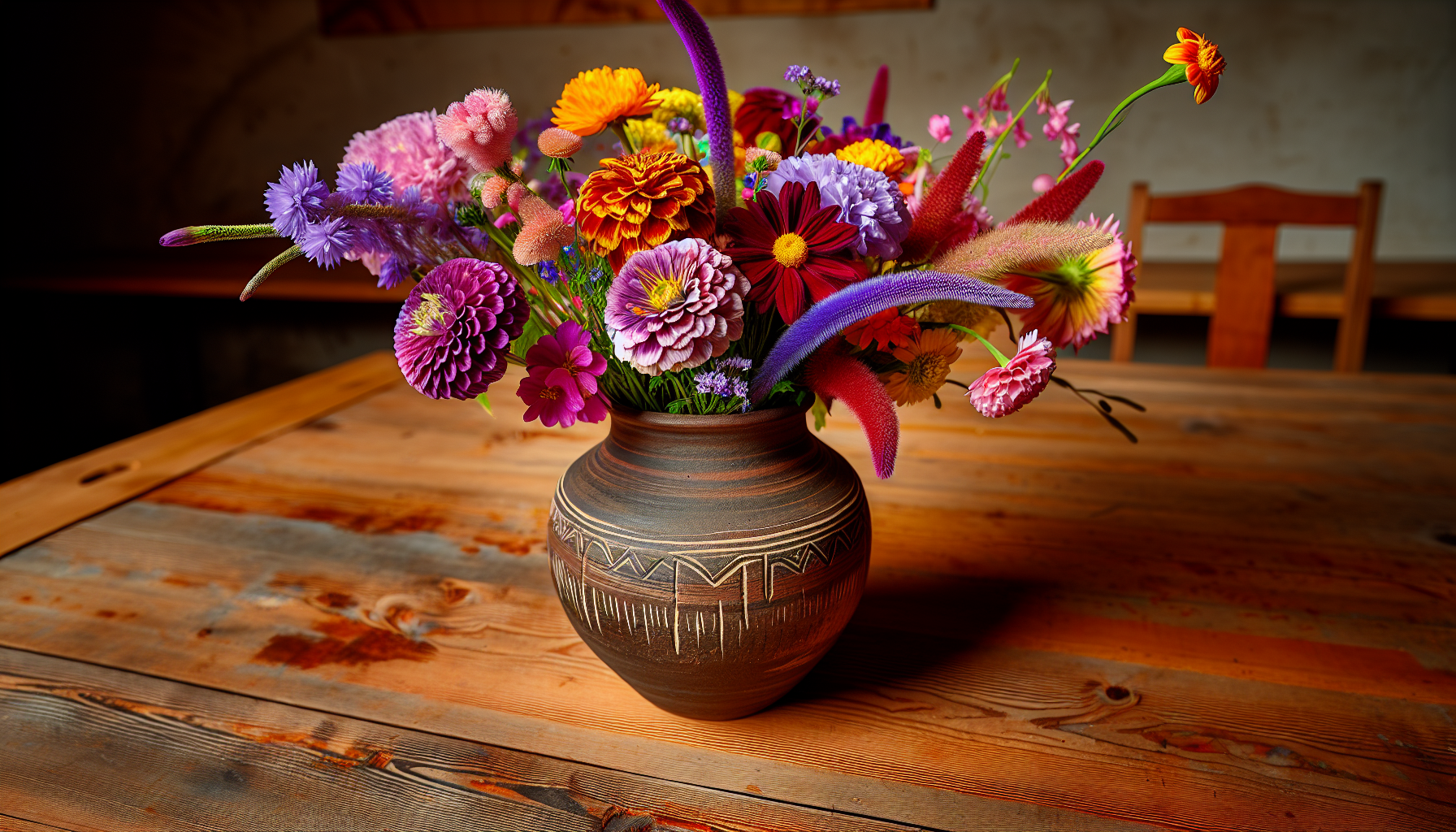 Arrangement of vibrant fresh flowers in a ceramic vase