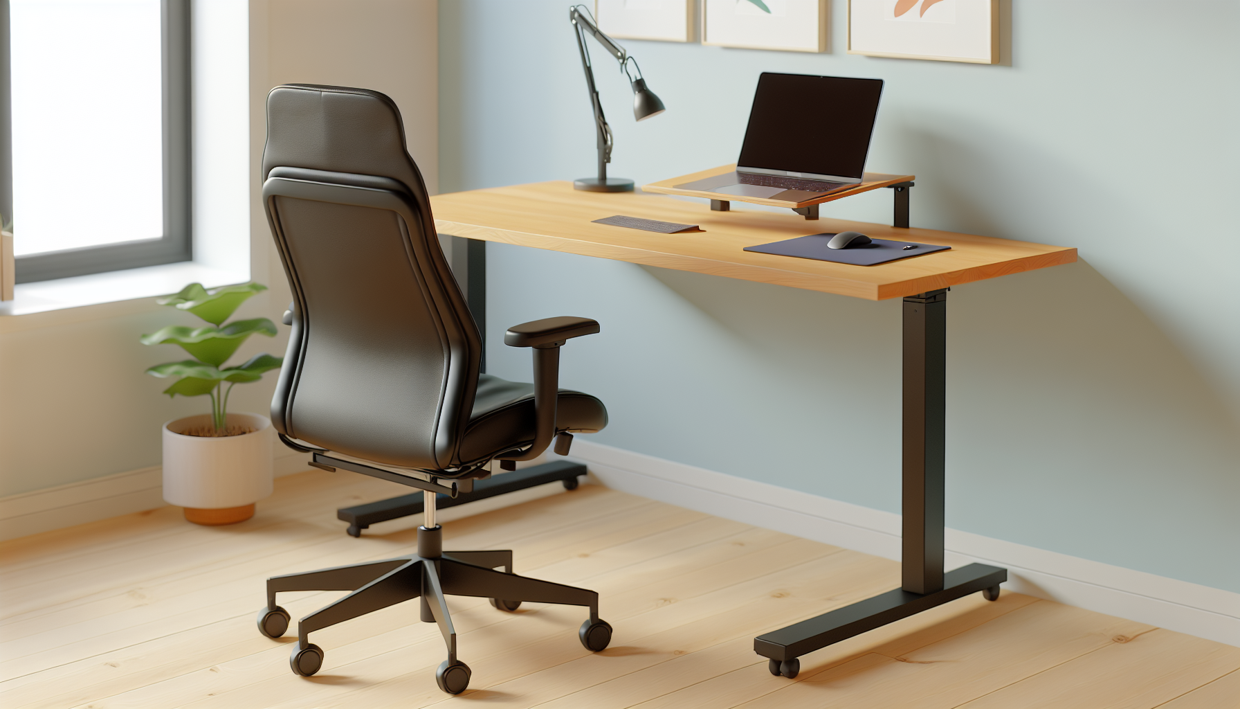 Ergonomic office chair and adjustable standing desk in a home office