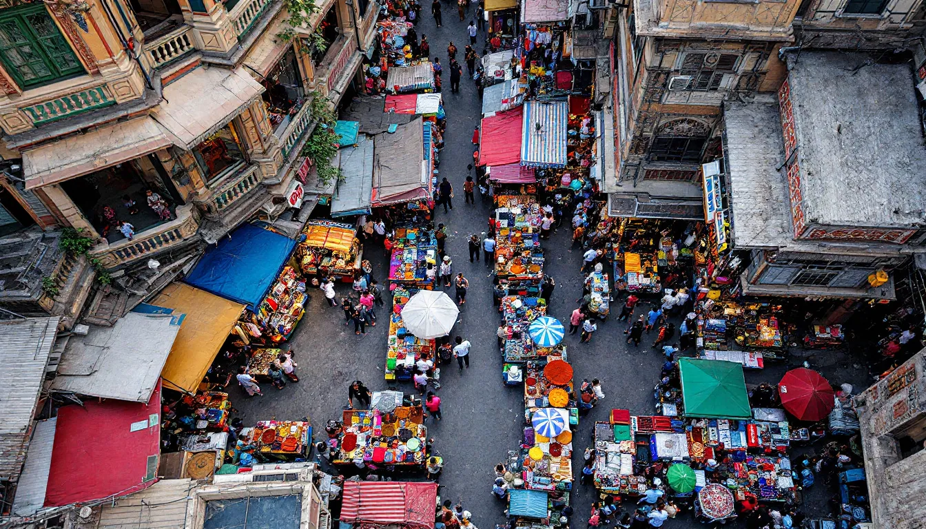 An aerial view captures a vibrant marketplace bustling with vendors showcasing their products and customers exploring various stalls. The scene illustrates the dynamic atmosphere of an online marketplace, highlighting the importance of optimizing listings to drive traffic and enhance product visibility.