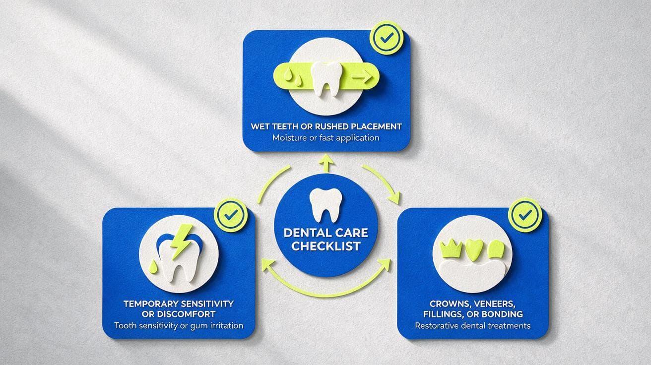 Dental care checklist diagram covering wet teeth or rushed placement, temporary sensitivity or discomfort, and crowns, veneers, fillings, or bonding