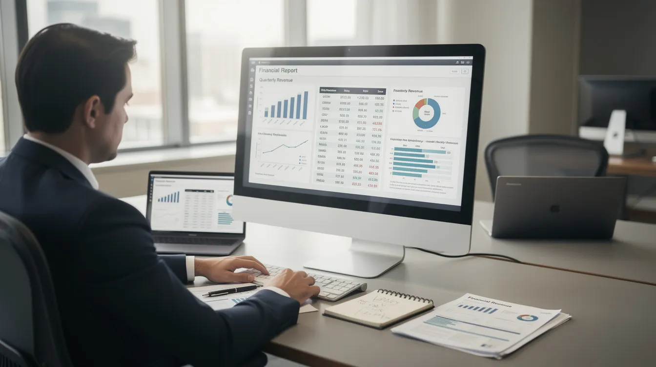 A professional is focused on reviewing financial documents displayed on a computer screen in an office environment, highlighting the importance of accurate medical billing processes for healthcare organizations. This scene emphasizes the role of billing specialists in managing revenue cycles and ensuring compliance within the medical billing outsourcing industry.