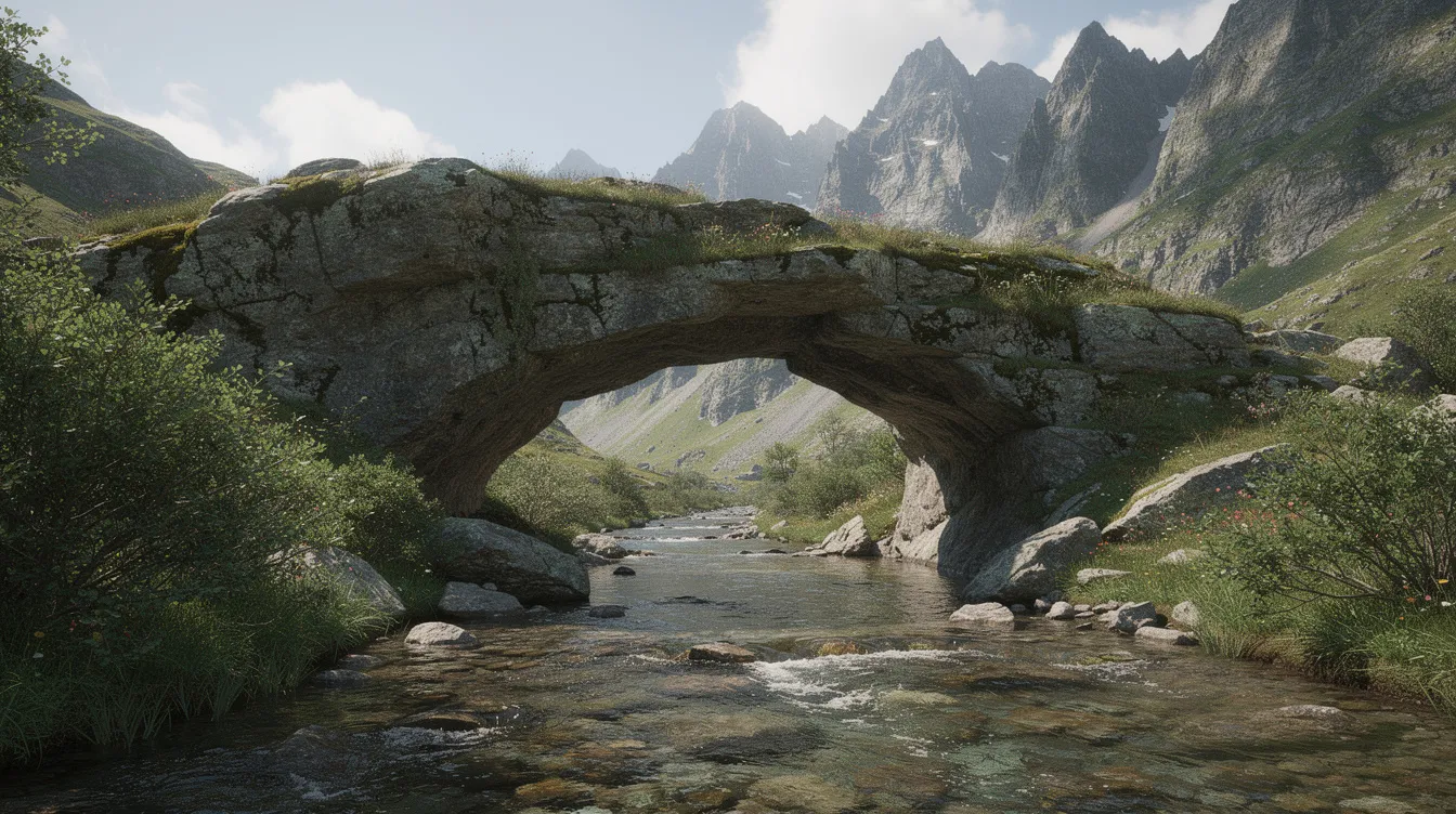 Un arco de roca natural sobre un curso de agua en un paisaje de montaña.