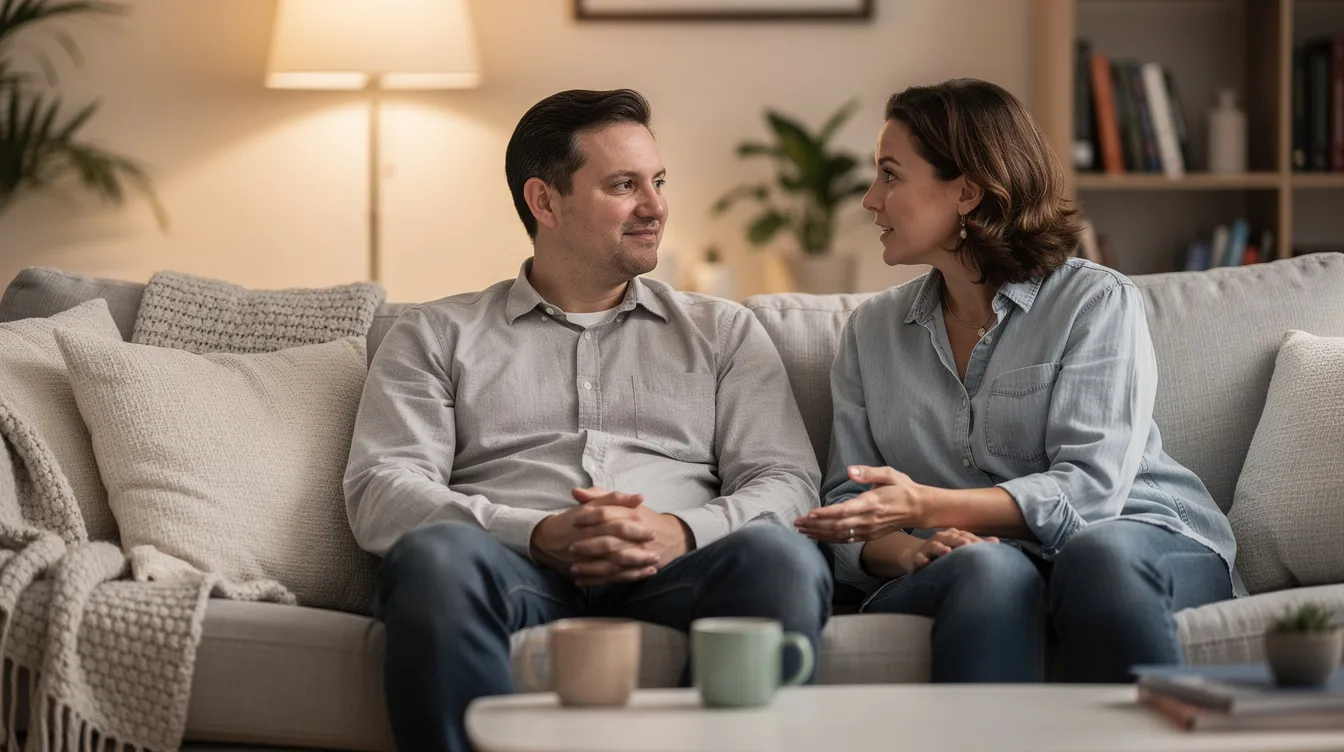 Two adults are sitting together on a comfortable couch, engaged in a calm conversation that reflects their strong emotional connection and commitment to healthy relationships. This moment highlights the importance of self-reflection and secure attachment styles in fostering fulfilling connections and addressing past trauma.