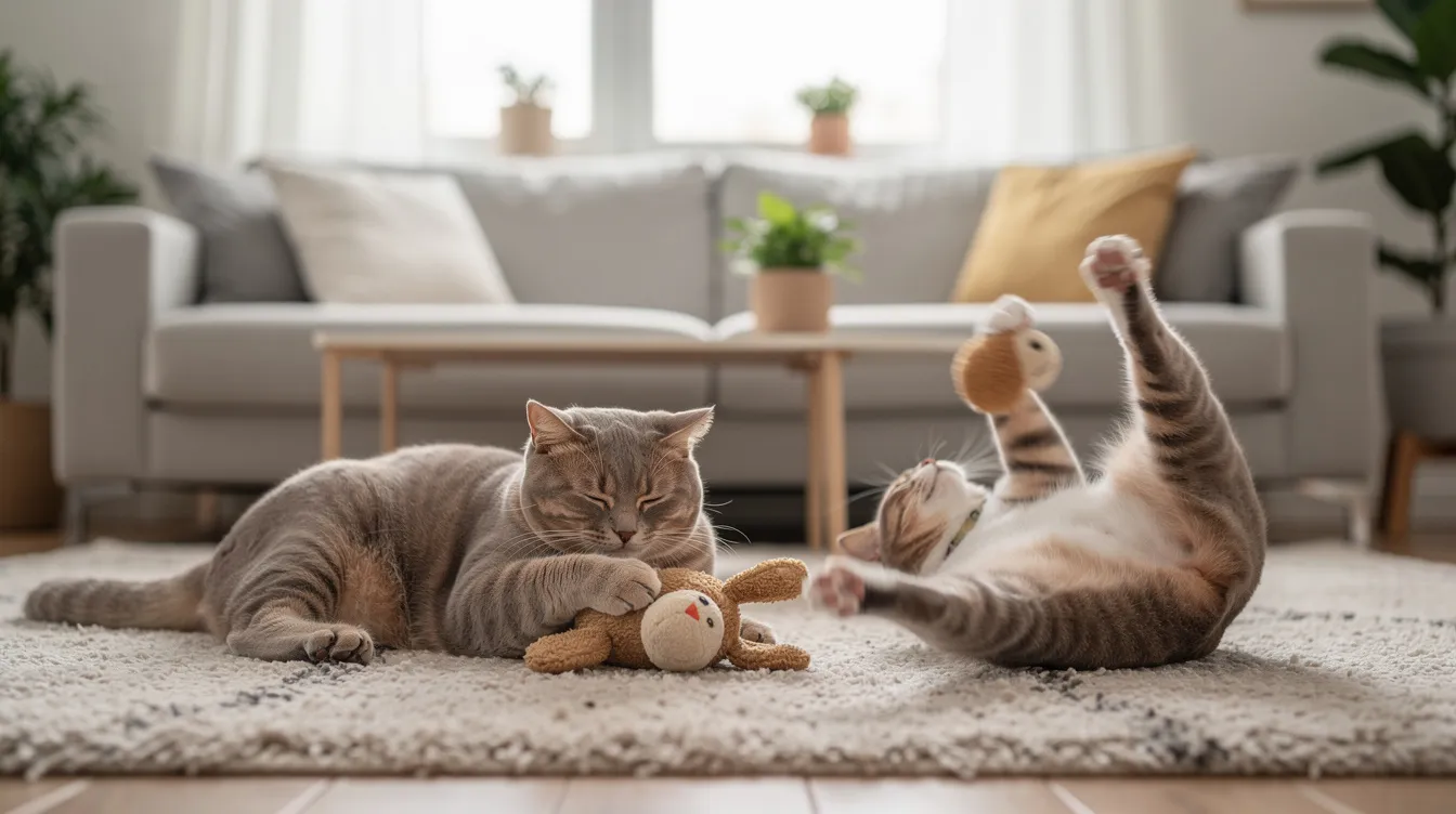 In a modern living room, two cats are engaged in playful activities; one cat is gently cuddling a plush toy, while the other is energetically kicking a durable kicker toy with its hind legs. Both cats are enjoying their time with their cat toys, showcasing the joy and entertainment that comes from playtime with feline friends.