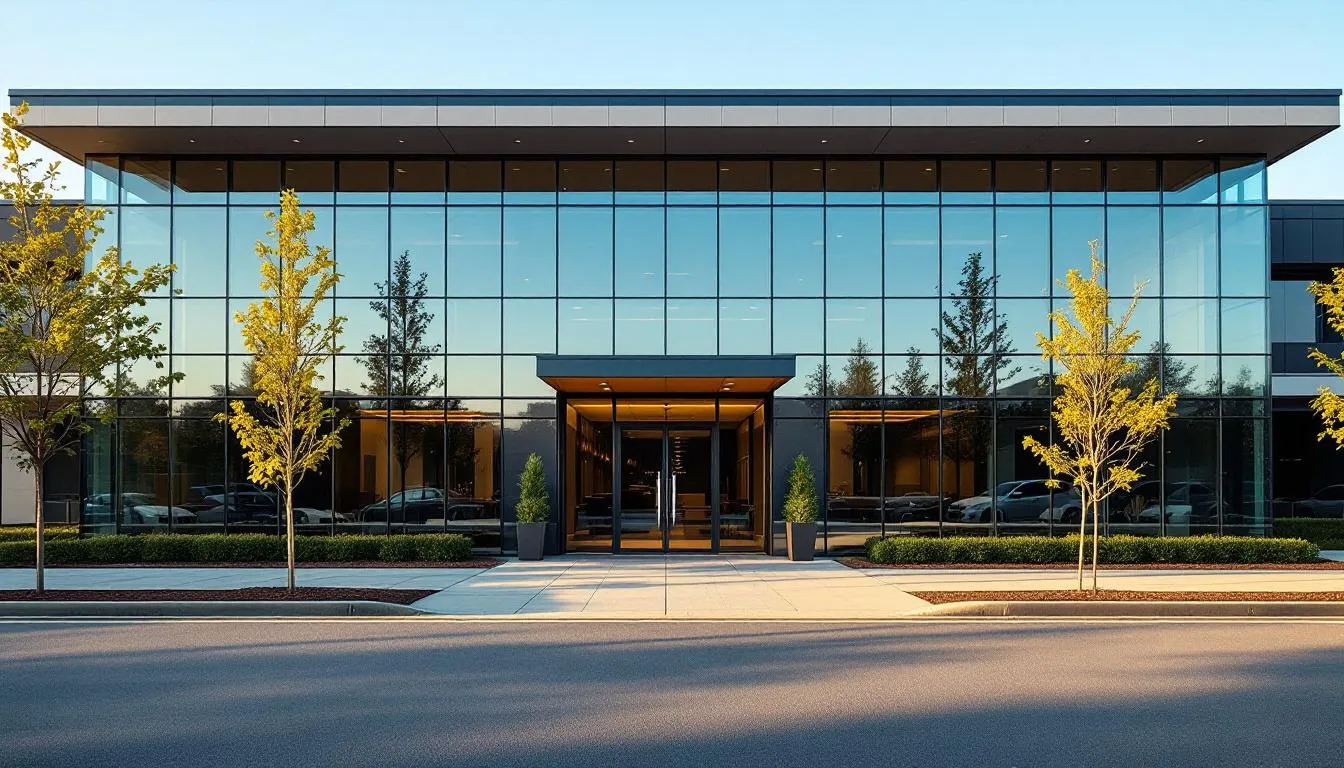 A sleek and modern office building stands prominently in an urban setting, showcasing its glass facade and contemporary architecture, ideal for real estate investors seeking commercial properties. This image reflects the potential of rental property investing, highlighting the importance of securing loans for rental properties to enhance business growth.