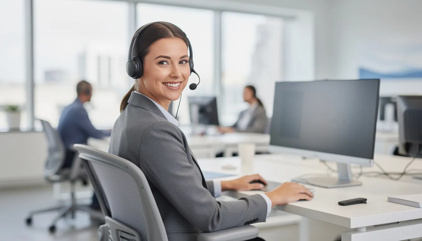 En vänlig kundtjänstrepresentant med headset sitter i en modern kontorsmiljö, redo att hjälpa spelare hos Yako Casino. Bakgrunden visar en ljus och professionell arbetsplats som skapar en välkomnande atmosfär för nya spelare.