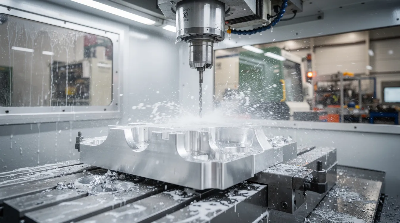 An industrial CNC machining center is actively cutting an aluminum component, with a visible spray of coolant enhancing the precision of the process. This image showcases the advanced technology used in aluminum die casting and CNC machining, highlighting the importance of quality assurance in producing high-volume, precision components.