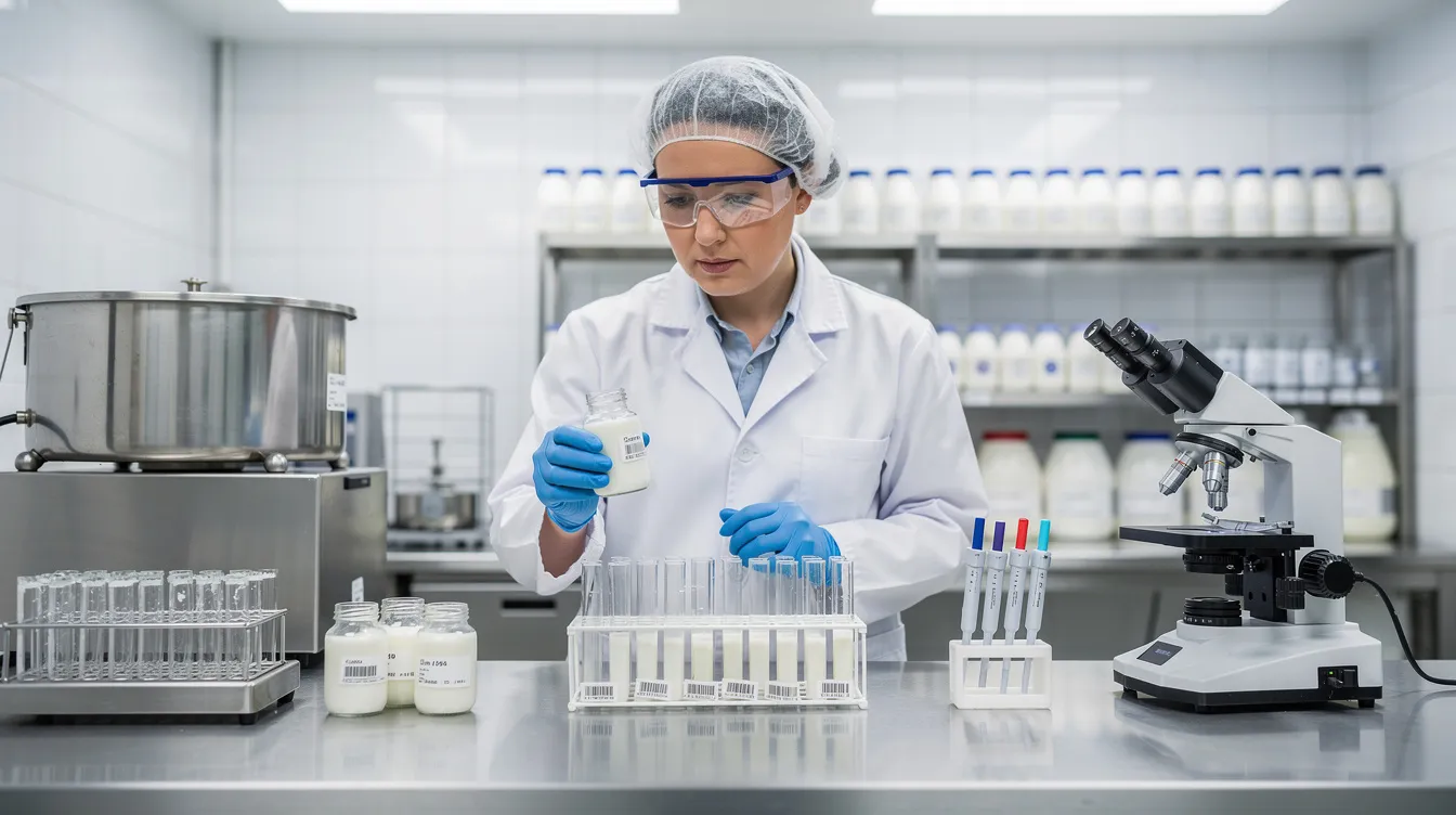 11d27b1e 7cca 4854 93b3 ed499ce202a8 A quality control technician is examining milk samples in a dairy laboratory, ensuring they meet food safety standards for the milk processing industry. The technician is focused on analyzing the raw milk to guarantee its quality before it is processed into products like pasteurized and UHT milk.