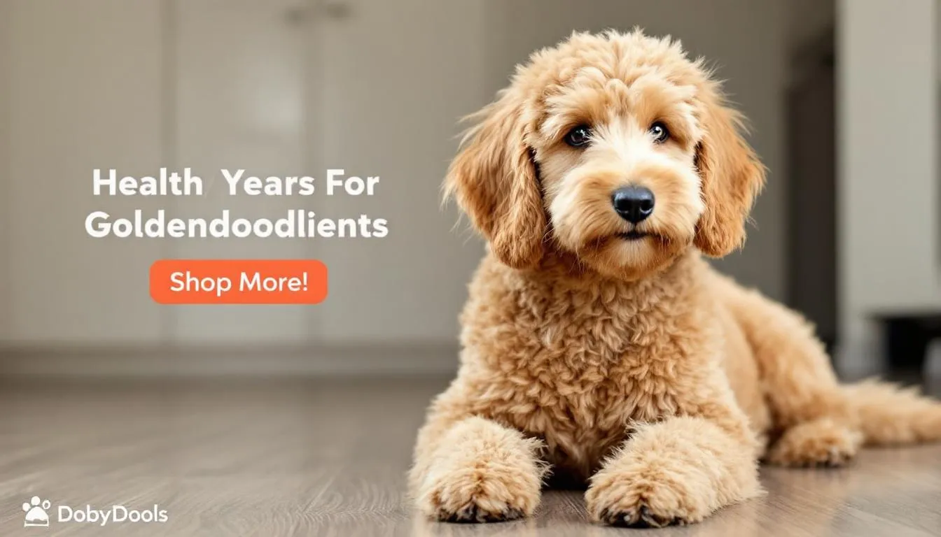 A content Goldendoodle with clean, healthy ears sits happily after a grooming session, showcasing its floppy ears that have been gently wiped and treated to prevent ear infections. The dog