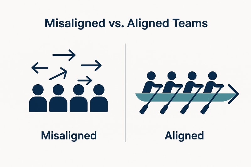 Side-by-side infographic comparing misaligned and aligned teams. On the left, four dark blue figures have arrows pointing in different directions above their heads, labeled “Misaligned.” On the right, five figures are rowing together in a teal boat with synchronized paddles and a large arrow pointing forward, labeled “Aligned.” The background is light gray with a clean, minimalist style.