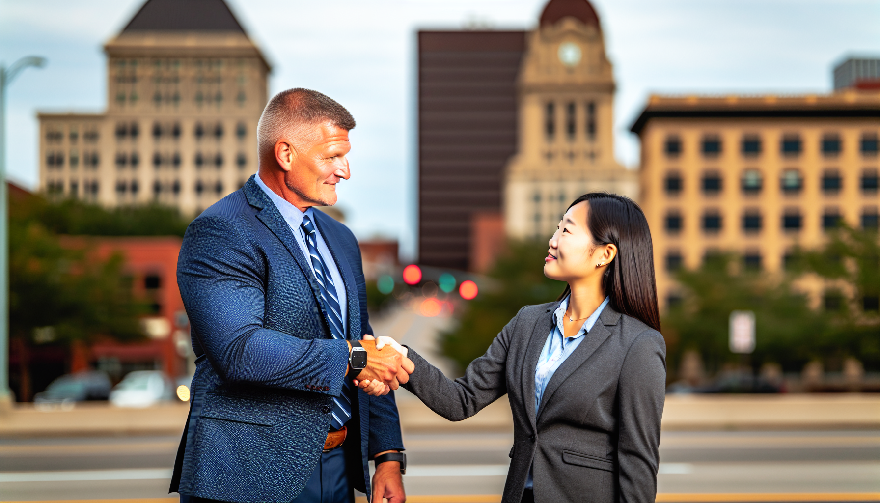 Two business professionals shaking hands in Lorain, Ohio