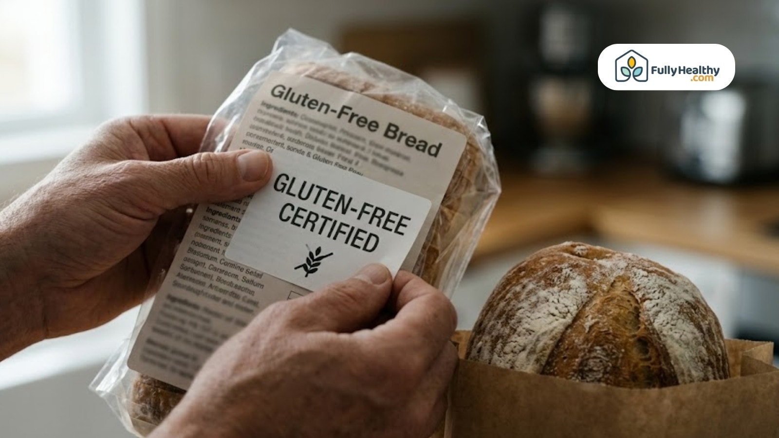Hands holding packaged gluten-free certified bread loaf