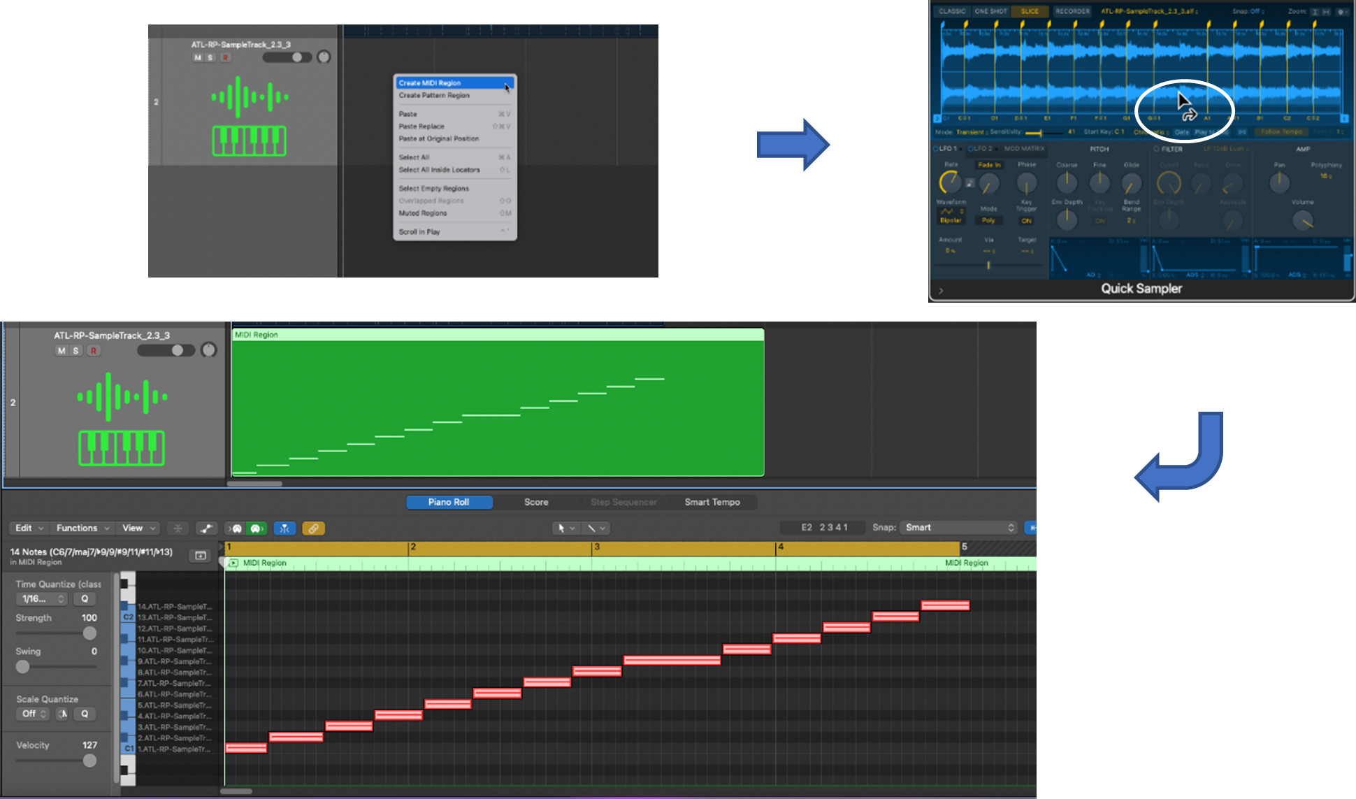 Viewing the sample in a MIDI region