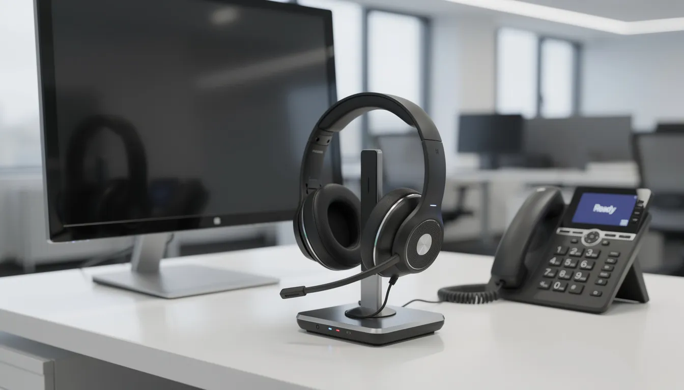 A professional wireless headset, specifically the Yealink WH62, rests on its charging base beside a computer monitor and a desk phone. This headset offers dual connectivity and is designed for better communication quality, making it ideal for video conferencing and daily communication in open office environments.