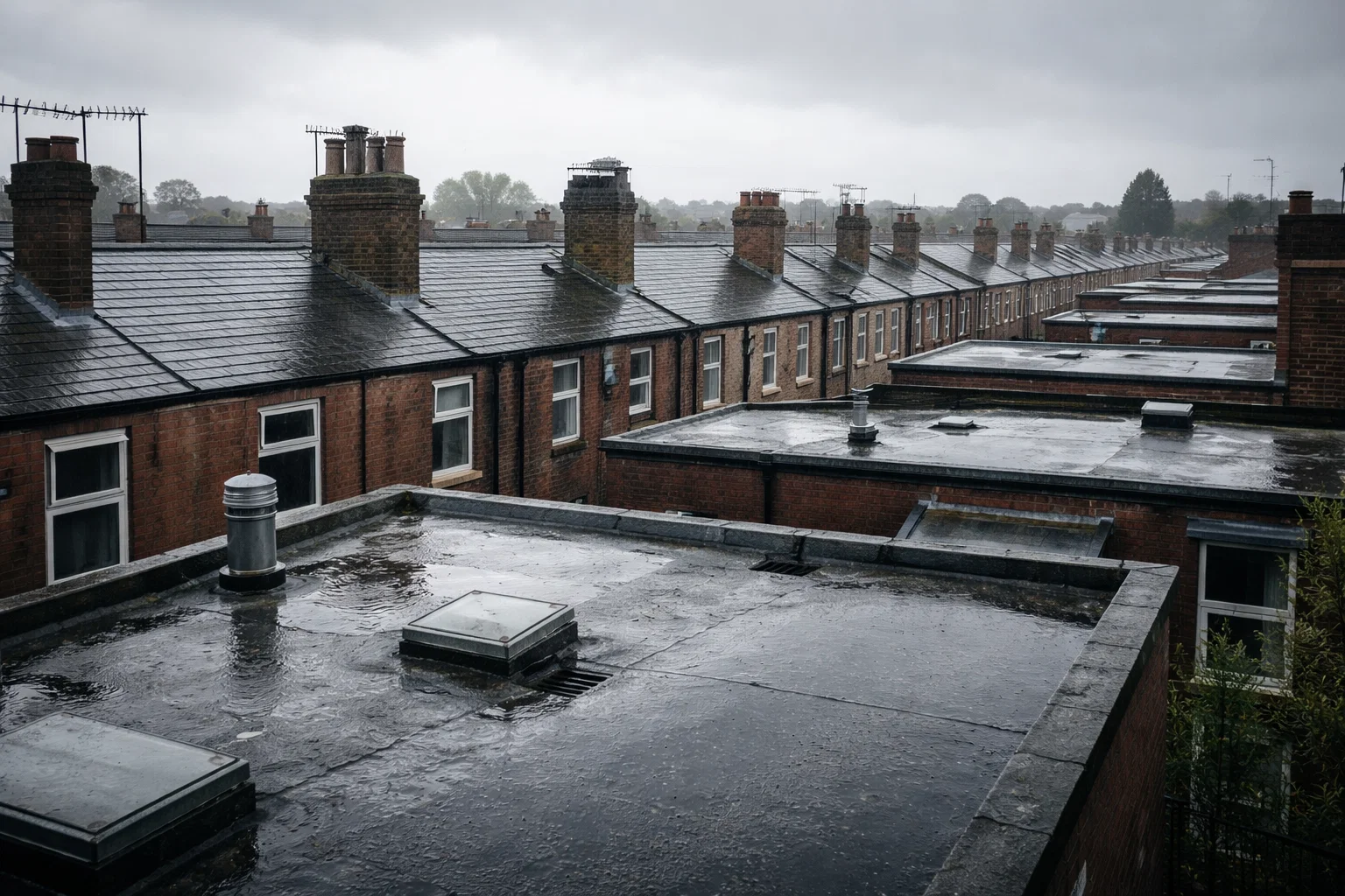 Flat roofs in Manchester exposed to rain and overcast weather