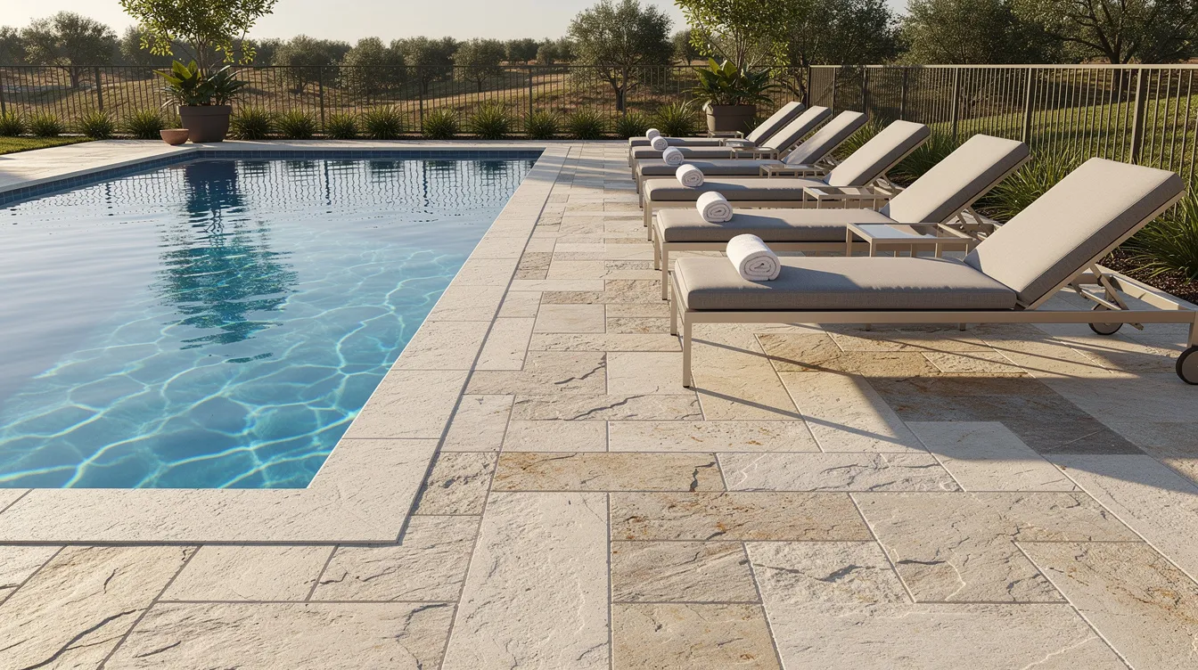 The image features a beautifully designed stone paver pool deck, surrounded by lounge chairs and a vibrant blue pool, creating an inviting outdoor space perfect for relaxation. This hardscape installation enhances the beauty of the property, complementing the overall design and providing a stylish area for family gatherings.