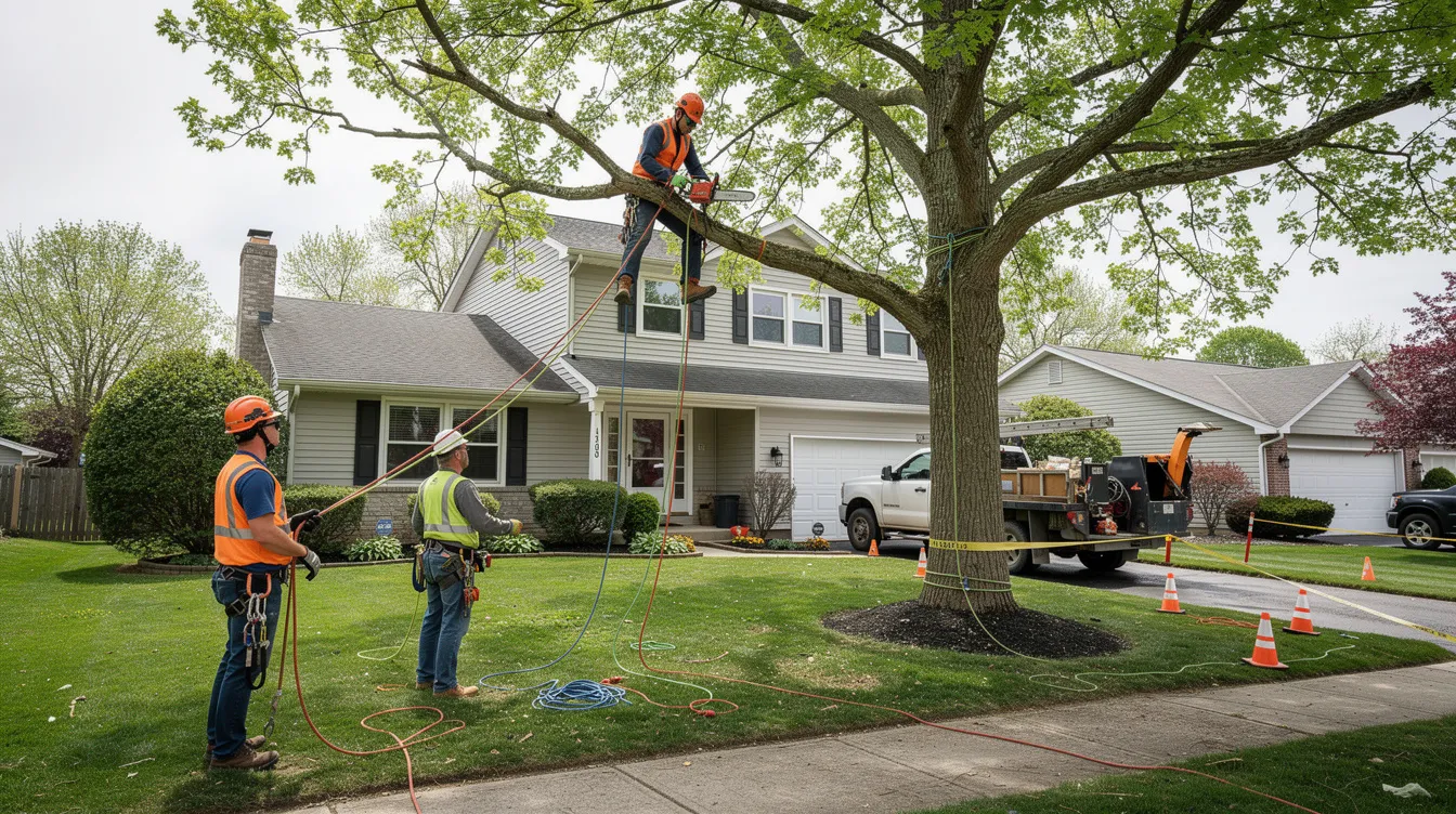 A tree crew is seen safely using ropes and specialized equipment to perform tree trimming and pruning near a suburban home, ensuring the health and beauty of the trees while minimizing risks. The professionals are focused on maintaining healthy growth and enhancing the curb appeal of the property.