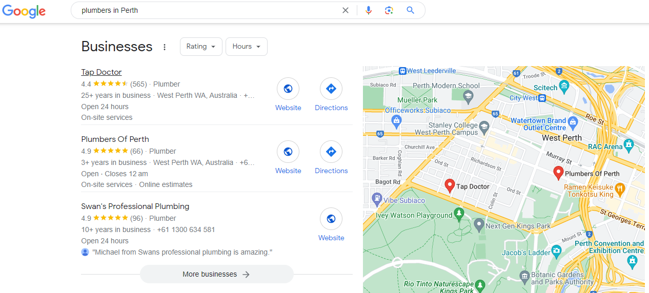 List of the first three companies in Google my Business after searching for plumbers in Perth